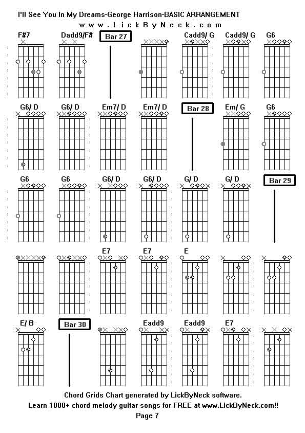 Chord Grids Chart of chord melody fingerstyle guitar song-I'll See You In My Dreams-George Harrison-BASIC ARRANGEMENT,generated by LickByNeck software.